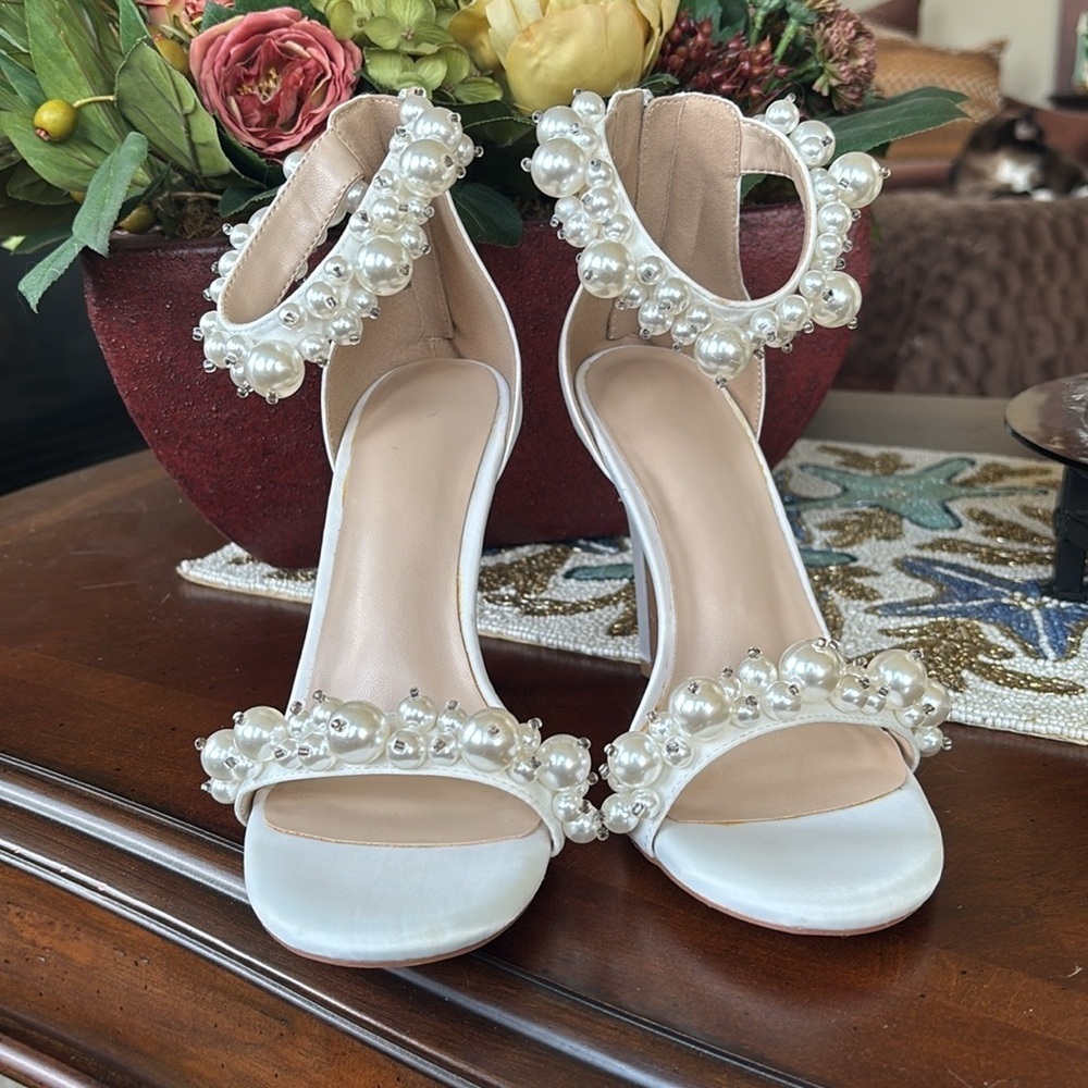 Brand New Faux Pearl Open Toe Ankle Strap Back Zip Stiletto Heel Sandals Wedding - Picture 4 of 16